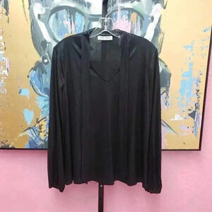Kate Kasin Shimmery Black Tie V-Neck Blouse